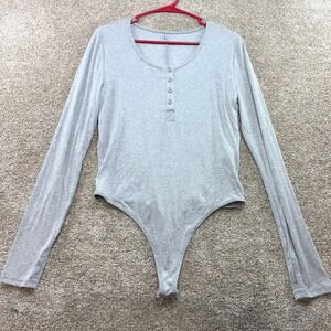 Legends Womens XL Heather Gray Ribbed Henley Long Sleeve Bodysuit Thumbholes